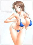  banned_artist bikini breast_lift breasts brown_eyes brown_hair cleavage covered_nipples hiviki_n'alchemy huge_breasts leaning_forward naughty_face navel open_mouth original short_hair solo swimsuit tsujidou_shou 