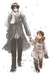  azuma_shouko black_hair emiya_kiritsugu emiya_shirou fate/stay_night fate_(series) father_and_son formal gloves long_sleeves male_focus multiple_boys red_hair scarf snow snowing 