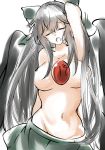  1girl black_hair breasts eyes_closed green_ribbon groin hair_ribbon kurokan_(kokkyou_oudan) large_breasts long_hair lowleg_skirt navel open_mouth reiuji_utsuho ribbon sketch skirt solo topless touhou white_background 