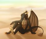  2019 3_toes 4_fingers anthro black_hair blue_eyes day desert detailed_background digital_media_(artwork) dragon ei-ka hair male membranous_wings nude outside sand sitting solo toes wings 