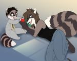  2019 ambiguous_gender anthro black_nose breasts brown_fur brown_hair clothed clothing digital_media_(artwork) duo female fur hair jailbird mammal open_mouth procyonid raccoon smile teeth tongue 