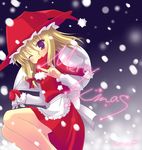  adapted_costume alternate_color blonde_hair christmas futaba_miwa hat kirisame_marisa long_sleeves santa_costume snowing solo touhou 