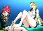  1boy 1girl aiba_takumi barefoot blonde_hair cum cum_on_feet digimon digimon_story:_cyber_sleuth feet footjob gloves highres kuremi_kyouko legs penis rankerhen scarf smile sunglasses toenail_polish toes uncensored 