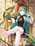  1girl absurdres bangs barefoot bracelet breasts cleopatra_(fate/grand_order) commentary_request earrings eyebrows_visible_through_hair fate/grand_order fate_(series) feet green_eyes green_hair hairband highres hoop_earrings huge_filesize jewelry legs long_hair looking_at_viewer medium_breasts necklace open_mouth ring shorts sitting smile soles solo thighs throne toes very_long_hair wook_03 