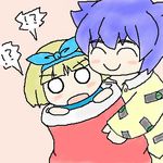  2girls ^_^ artist_request blonde_hair chibi christmas_stocking closed_eyes hairband kurusu_yuzuko long_sleeves lowres multiple_girls o_o pajamas pani_poni_dash! purple_hair serizawa_akane short_hair smile spoken_interrobang 