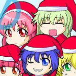  ;d artist_request bangs behoimi blue_eyes blue_hair blunt_bangs bobblehat face green_eyes grin hat kurusu_yuzuko looking_at_viewer lowres media miyata_akira multiple_girls one_eye_closed open_mouth pani_poni_dash! pink_hair red_eyes santa_hat serizawa_akane short_hair smile sweatdrop teeth upper_body 