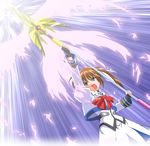  artist_request bow energy_wings fingerless_gloves gloves long_sleeves lyrical_nanoha magical_girl mahou_shoujo_lyrical_nanoha mahou_shoujo_lyrical_nanoha_a's purple_eyes raising_heart red_bow red_hair solo takamachi_nanoha twintails wings 