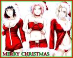  3girls ass bangs bare_shoulders black_hair blonde_hair blunt_bangs breasts choker christmas cleavage collarbone duplicate fur green_eyes haruno_sakura hat hood hyuuga_hinata jon_kneeland large_breasts lineup looking_at_viewer lowres midriff miniskirt multiple_girls naruto naruto_(series) navel panties pencil_skirt pink_hair santa_costume santa_hat short_hair signature simple_background skirt standing strapless tubetop underwear white_eyes yamanaka_ino 