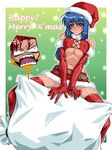  1girl aki_(emina&amp;aki) blue_hair blush breast_squeeze breasts christmas cleavage covered_nipples elbow_gloves emina&amp;aki emina_(emina&amp;aki) gloves green_eyes hat huge_breasts kagami_hirotaka original red_gloves red_hair santa_costume santa_hat thighhighs 