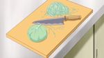  cutting_board dutch_angle food from_above jpeg_artifacts kitchen knife mamoru-kun_ni_megami_no_shukufuku_wo! no_humans screencap still_life 