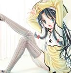  arms_up artist_request bonnet brown_legwear dress from_side leg_up long_sleeves looking_at_viewer looking_to_the_side original simple_background solo striped striped_legwear thighhighs white_background yellow_dress zettai_ryouiki 