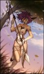  2019 antelope anthro bovid breasts day detailed_background digital_media_(artwork) f-r95 female gazelle hair holding_object holding_weapon hooves kacey_(fluff-kevlar) mammal melee_weapon nipples outside polearm purple_hair pussy sky solo spear weapon yellow_eyes 
