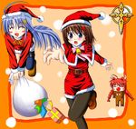  animal_costume braid capelet christmas lask long_sleeves lowres lyrical_nanoha mahou_shoujo_lyrical_nanoha mahou_shoujo_lyrical_nanoha_a's mahou_shoujo_lyrical_nanoha_strikers multiple_girls pantyhose reindeer_costume reinforce_zwei running sack santa_costume schwertkreuz twin_braids vita yagami_hayate 