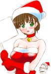  artist_request bell blush breasts brown_hair christmas gloves green_eyes hat jingle_bell large_breasts original red_gloves santa_costume santa_hat short_hair sign simple_background solo 