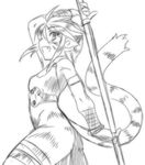  animal_ears bandages breath_of_fire breath_of_fire_ii cat_ears cat_tail dr.p fang greyscale happy lowres monochrome rinpoo_chuan short_hair sketch solo staff tail thighs 