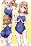  1girl all_fours ass bangs blue_swimsuit blush bouncing_breasts breasts brown_hair collarbone commentary_request competition_school_swimsuit gluteal_fold halftone halftone_background head_out_of_frame highres kunikida_hanamaru logo looking_at_viewer love_live! love_live!_sunshine!! multiple_views one-piece_swimsuit open_mouth outline school_swimsuit smile steepled_fingers swimsuit thighhighs wet white_legwear white_outline yellow_background yellow_eyes yopparai_oni 