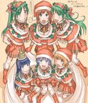  :3 bell blonde_hair boots capelet christmas dated furude_rika green_hair hairband hanyuu hat higurashi_no_naku_koro_ni holly houjou_satoko mittens multiple_girls pleated_skirt ribbon ryuuguu_rena santa_costume santa_hat siblings sisters skirt sonozaki_mion sonozaki_shion star thighhighs twins zenkou 