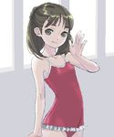  brown_eyes brown_hair casual_one-piece_swimsuit copyright_request flat_chest frilled_swimsuit frills kishida_mel lowres one-piece_swimsuit smile solo swimsuit waving 