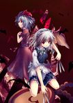  bat bat_wings between_fingers blue_hair braid flandre_scarlet gothic izayoi_sakuya knife maid multiple_girls red_eyes remilia_scarlet siblings sisters touhou twin_braids white_hair wings yamamoto_nori 