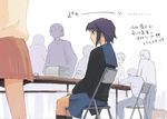  blue_skirt book_stack chair comiket folding_chair hands_on_lap kita_high_school_uniform long_sleeves manga_(object) nagato_yuki pinzu purple_hair school_uniform serafuku short_hair sidelocks sitting skirt solo_focus suzumiya_haruhi_no_yuuutsu table 