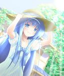  blue_eyes blue_hair blush bow dousaki_shin'ya dress hairband hat kazoku_keikaku long_hair smile solo sun_hat takayashiki_matsuri 