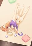 animal_ears barefoot bowl cat_ears eyebrows_visible_through_hair feet from_above long_hair lying multiple_girls on_stomach orange_hair original pet_bowl pillow piyodera_mucha purple_hair red_eyes soles toes twintails wrist_cuffs yuri 
