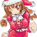  bangs blush braid breasts brown_eyes brown_hair christmas cleavage dress hat large_breasts long_sleeves momose_kurumi one_eye_closed pani_poni_dash! santa_costume santa_hat solo twin_braids yuuichi_(tareme_paradise) 