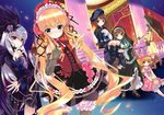  blonde_hair bow column dress fishnets god_hand_(artist) hina_ichigo kanaria long_sleeves multiple_girls pillar pink_bow rozen_maiden shinku siblings sisters souseiseki suigintou suiseiseki twins 