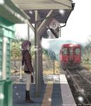  bag ground_vehicle kantoku long_sleeves sakura_musubi scarf school_bag school_uniform sera_karen skirt snowing socks solo train train_station translated winter 