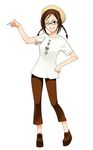  ;) a1 beret braid clothes_writing full_body glasses hat loafers looking_at_viewer one_eye_closed original pants platform_footwear shirt shoes short_hair short_sleeves simple_background smile solo standing twin_braids white_background white_shirt 