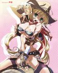  alcohol ashishun barrel beer belt bikini_top blonde_hair blush bottle breasts chaps copyright_request cowboy_hat fingerless_gloves fringe_trim gloves green_eyes hat head_tilt highres large_breasts long_hair messy mouth_hold navel nipples no_panties off_shoulder pussy scan scarf sitting solo spill straddling strap_slip twintails uncensored very_long_hair western 