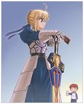  1girl armor artoria_pendragon_(all) blonde_hair card emiya_shirou fate/stay_night fate_(series) hands_on_hilt holding holding_card kamen_rider kamen_rider_blade_(series) long_sleeves saber sheath sheathed sweatdrop sword tenkai_houichi weapon 