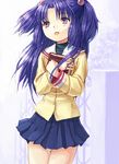  book book_hug clannad hair_bobbles hair_ornament hikarizaka_private_high_school_uniform holding holding_book ichinose_kotomi kishida_mel long_sleeves open_mouth school_uniform skirt solo two_side_up 