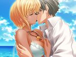  1girl beach bikini blonde_hair breasts cleavage dark_skin day game_cg ganguro hetero jewelry kiss large_breasts mizuki_(quilt) necklace outdoors quilt_(game) short_hair sugiyama_genshou swimsuit takumi_(quilt) water 