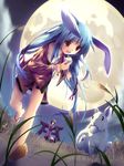  animal_ears blue_hair bracelet bunny bunny_ears eating feet food full_moon grass japanese_clothes jewelry kimono legs long_hair mochi moon mouth_hold multiple_girls night open_mouth original red_eyes running sandals short_kimono smile toes torii wagashi yamamoto_nori yukata 