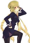  blonde_hair blush braid cosplay genshiken hat kasukabe_saki kujibiki_unbalance leg_lift long_hair long_sleeves mizuki_makoto necktie pantyhose quad_tails ritsuko_kubel_kettenkrad ritsuko_kubel_kettenkrad_(cosplay) solo twin_braids very_long_hair 