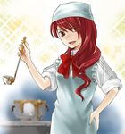  apron bad_food cooking hand_on_hip kirijou_mitsuru ladle long_hair lowres mystery_food_x persona persona_3 pot red_hair sawai_fuyu solo 