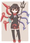  1girl asymmetrical_wings black_dress black_hair black_legwear blue_wings blush border bow bowtie brown_background center_frills commentary_request dress full_body hand_on_hip holding holding_weapon houjuu_nue looking_at_viewer outside_border polearm poronegi red_bow red_eyes red_footwear red_neckwear red_wings shoes short_dress short_hair short_sleeves simple_background smile snake solo standing thighhighs touhou trident v-shaped_eyebrows weapon white_border wings wristband zettai_ryouiki 