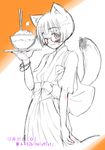  animal_ears blush bob_cut bracelet copyright_request fox_ears fox_tail graphite_(medium) hakama japanese_clothes jewelry mixed_media rice smile solo taguchi_makoto tail traditional_media tray 