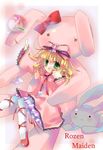  :d blonde_hair bow copyright_name dress flower frilled_dress frills green_eyes hina_ichigo jin_rikuri long_sleeves looking_at_viewer lying on_back open_mouth pantyhose pink_bow pink_dress red_ribbon ribbon rozen_maiden short_hair smile solo stuffed_animal stuffed_bunny stuffed_toy white_legwear 