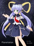  :o bare_legs black_dress blue_hair comic dress green_eyes hair_ribbon hoshino_yumemi kitagawa_mikio long_hair long_sleeves necktie open_mouth planetarian red_neckwear ribbon side_slit sky solo star_(sky) starry_sky very_long_hair 