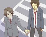  crosswalk holding_hands kita_high_school_uniform koizumi_itsuki kyon long_sleeves lowres male_focus multiple_boys school_uniform suzumiya_haruhi_no_yuuutsu 