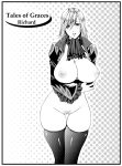  1girl ascot bangs blush border bottomless breast_hold breasts character_name cleavage copyright_name cowboy_shot cravat curvy english_text frilled_sleeves frills genderswap genderswap_(mtf) halftone halftone_background head_tilt juliet_sleeves long_sleeves looking_at_viewer monochrome no_bra parted_lips pubic_hair puffy_sleeves richard_(tales) richard_(tales_of_graces) short_hair simple_background skindentation solo standing swept_bangs tales_of_(series) tales_of_graces thigh_gap thighhighs thighs uncensored usaginagomu white_border wide_sleeves 