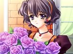  black_hair blush bouquet brick_wall carnelian collarbone earrings ena_(quilt) flower flower_earrings game_cg hairband jewelry lipstick makeup necklace purple_eyes purple_flower purple_rose quilt_(game) rose short_hair smile solo upper_body 