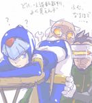  2boys artist_request cerveau goggles helmet leviathan_(rockman) lowres multiple_boys rockman rockman_zero thighhighs translated visor wrench 