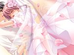  1girl airi_(quilt) blush bridal_veil bride carnelian closed_eyes couple dress flower formal game_cg glomp happy hetero hug petals pink_flower pink_rose quilt_(game) red_eyes red_hair rose smile takumi_(quilt) veil wedding wedding_dress 