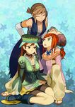  ^_^ aisha_(saga) aqua_background boots breasts brown_eyes brown_hair captain_silver claudia_(saga) cleavage closed_eyes green_eyes hand_on_head hand_on_hip hat long_sleeves medium_breasts multiple_girls orange_hair ponytail romancing_saga romancing_saga_minstrel_song ryman saga sidelocks sitting smile star starry_background 