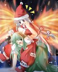  all_fours artist_request christmas ex-keine fiery_wings fire fujiwara_no_mokou horn_grab kamishirasawa_keine long_sleeves multiple_girls riding santa_costume sitting sitting_on_person touhou wings 