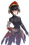  android black_hair breasts elbow_gloves face gloves headdress heebee latex lowres medium_breasts metis persona persona_3 red_eyes short_hair solo 