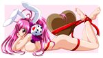  animal_ears ass barefoot blush breast_press breasts bunny_ears bunny_girl chocolate chocolate_heart covering covering_breasts di_gi_charat dice dice_hair_ornament feet hair_ornament hair_ribbon heart imai_kazunari large_breasts looking_at_viewer lying naked_ribbon nude on_stomach pink_hair red_eyes red_ribbon ribbon soles solo the_pose toes twintails usada_hikaru valentine 